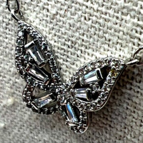 Elegant Butterfly Pendant Necklace With Rhinestones On Silver Tone Chain.  B62 - Picture 6 of 9